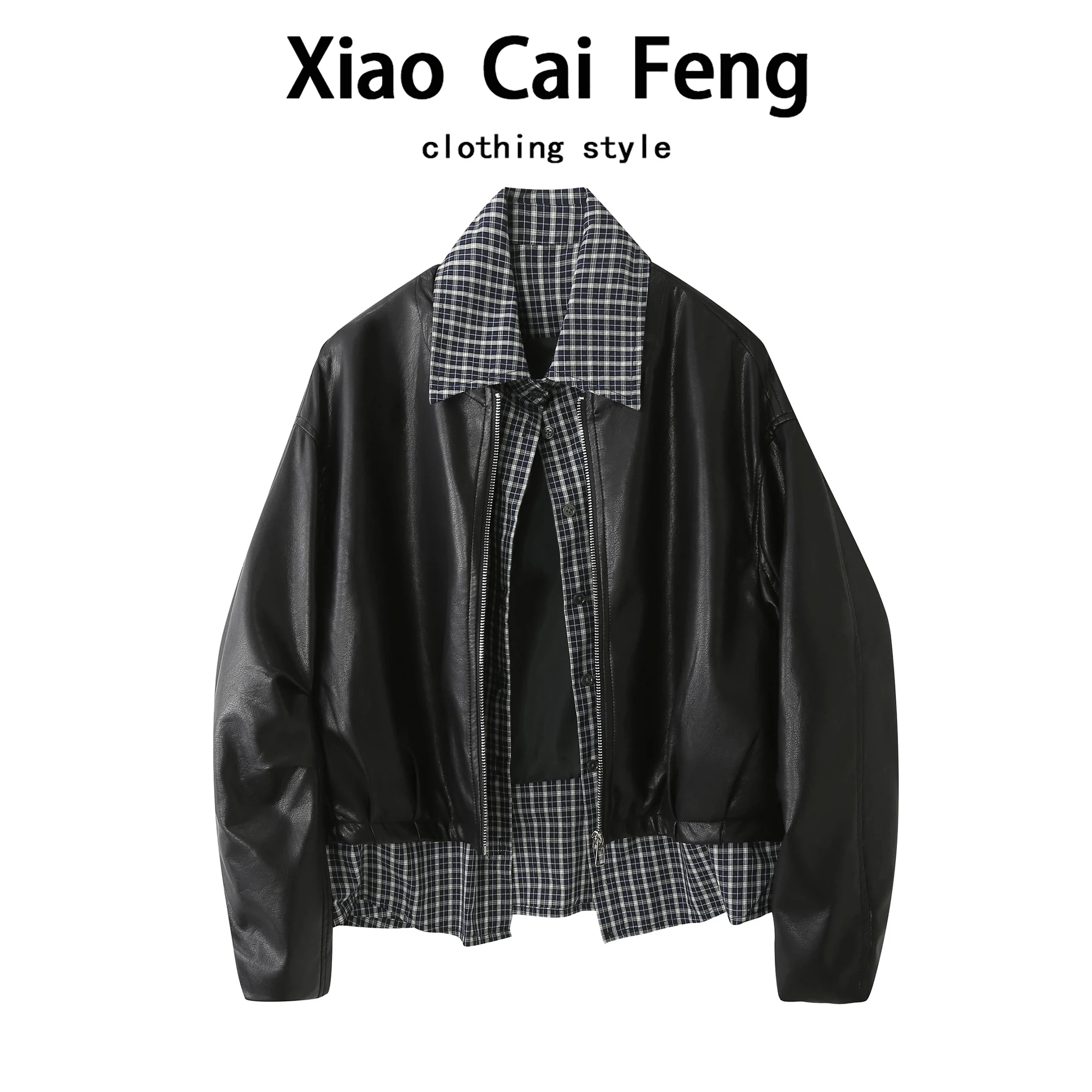 Jaqueta de Couro com Gola  Estilosa e Detalhes em Xadrez para Mulheres, Casual e Versátil para Primavera e Outono