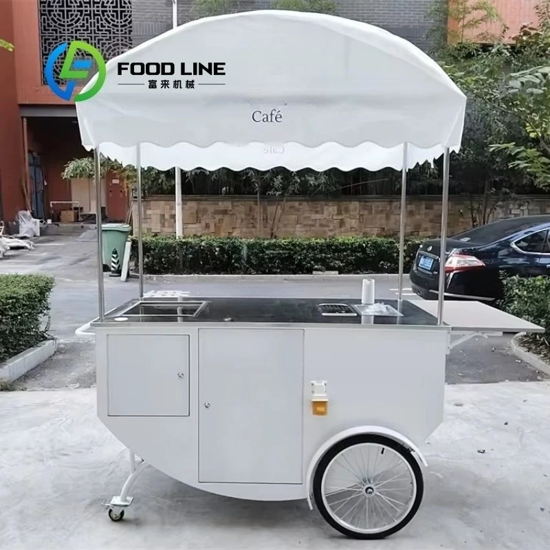 Customized Color Awning Mobile Coffee Ice Cream Hand Push Cart with Refrigerator Sink Food Bike Cart