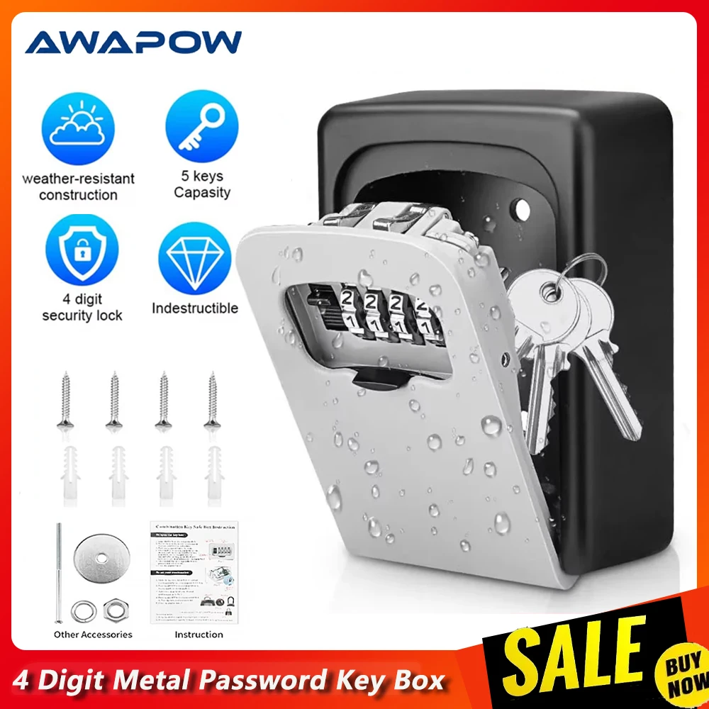 Awapow Key Lock Box Waterproof Key Code Box Metal Password Security Key Box Wall Mounted Storage Box Key Safe Lock Box