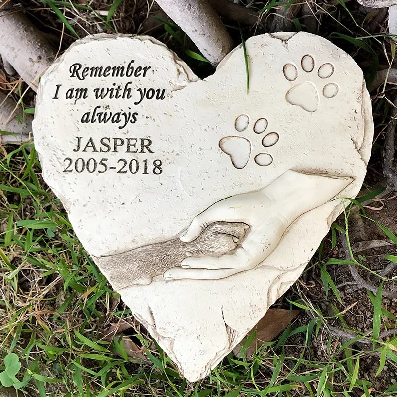 Heart-Shaped Pet Memorial Stone with Paw & Hand Embossed Plaque Resin Material for Garden & Remembrance DisplayPet names can be