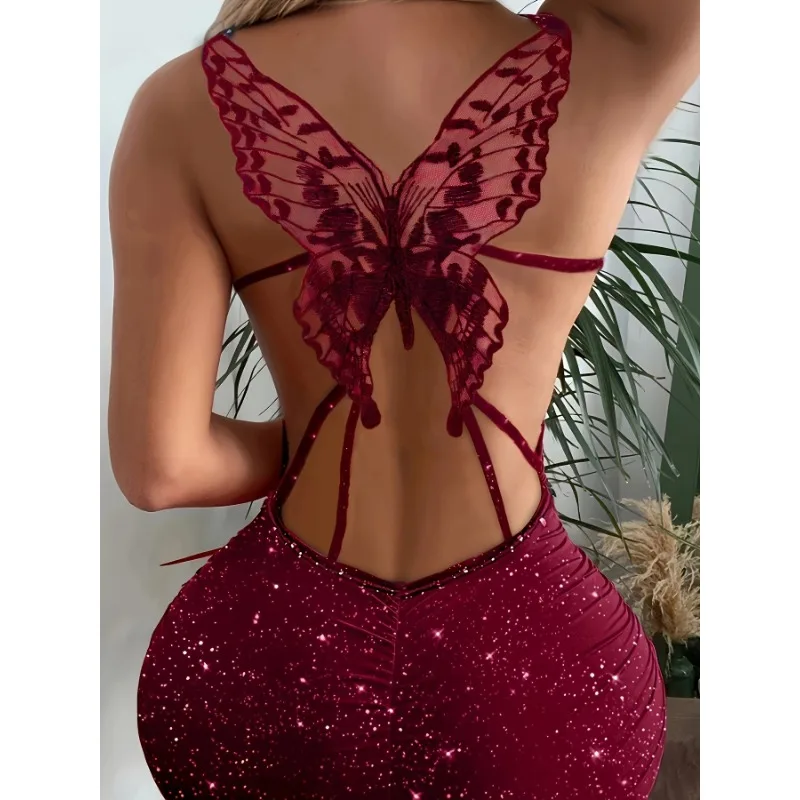 

Women'S Elegant Sequin Butterfly Bodycon Dress - Sleeveless, Backless Design, Glittery Red, Perfect for Clubs, Parties & Event