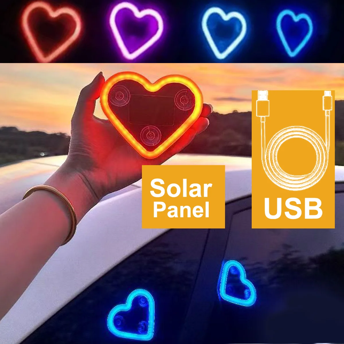 

Solar Emitting Sweet Heart Atmosphere Light Wiring Free For Car triangle window interior Motor Decoration Modification Neon Lamp