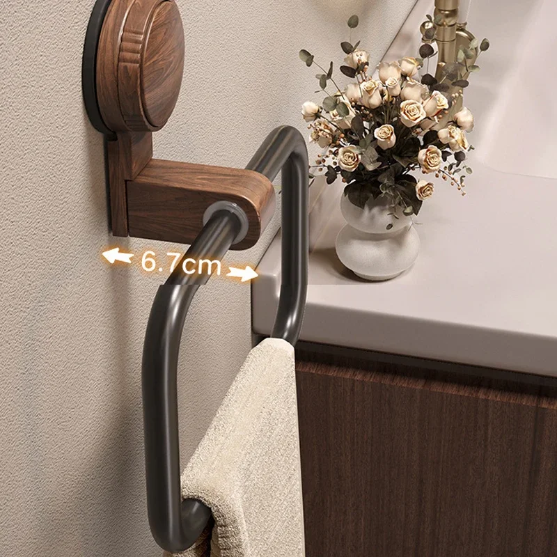 Medieval Style No-drill Wall-mounted Toilet Towel Ring 180 ° Flip Walnut Wood Bathroom Shelf Sucker Aluminum Alloy Towel Rack
