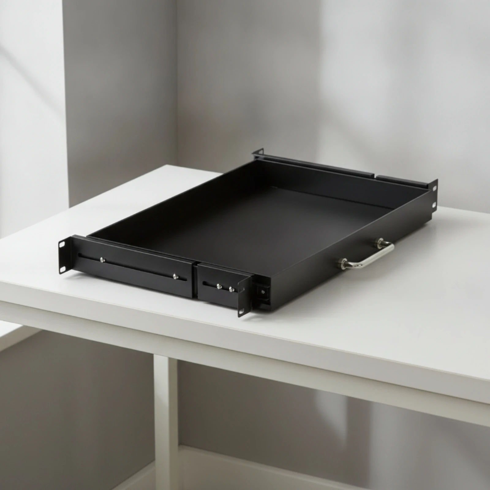 19-Inch Rack-Mount Metal Drawer Powder-Coated Finish Cold-Rolled Steel Rack Drawer Sturdy Slim for Equipment Cabinets