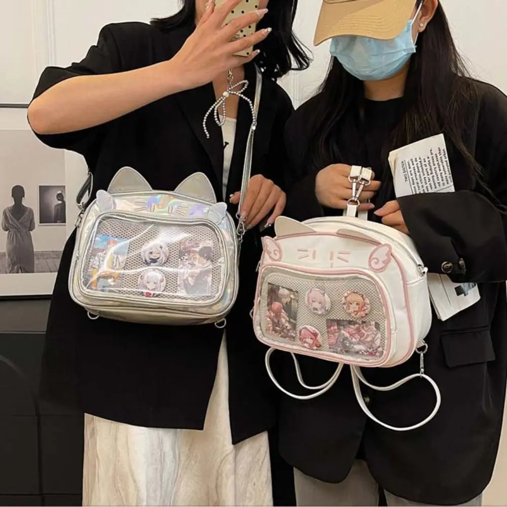지퍼 가방 Kawaii 고양이 Itabag PU 아이돌 상품 보관 투명 포켓 지갑 배지 보관 가방 패션 배낭 소녀
