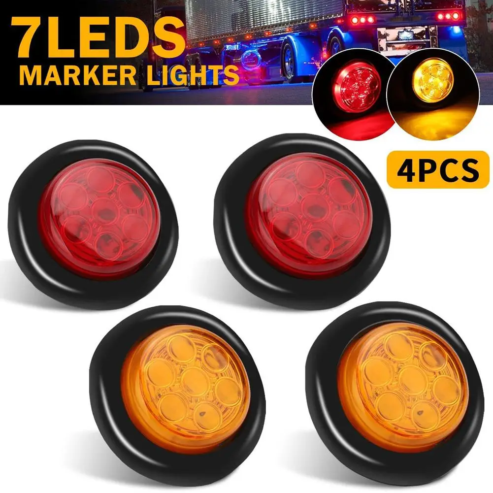

4Pcs 12V 2-inch Round 7led Side Marker Light Tail Lamp 7 Beads Lens Brake Light For Trailer Truck RV