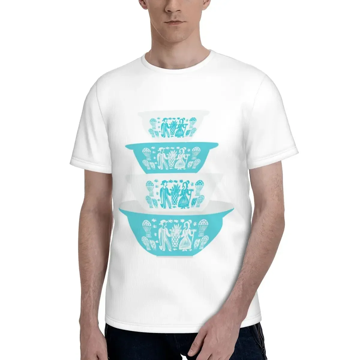 Vintage Pyrex Butterprint Turquoise Nesting Bowls T-Shirt for Men  T Shirts Men's Tees Short Crew Neck Summer Clothes Tops
