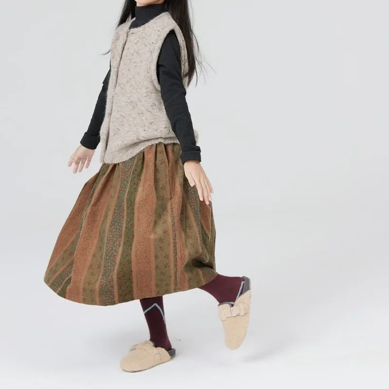 Vintage Bohemian Floral Print Skirt 2025 Spring Summer Color Block Patchwork Lining Corduroy Elastic Waist Mid Length Skirt