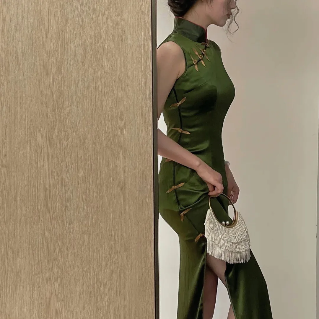 Vestido vintage de cetim verde qipao para mulheres, cheongsams sem mangas, vestidos longos elegantes qipao, novo estilo chinês, sexy