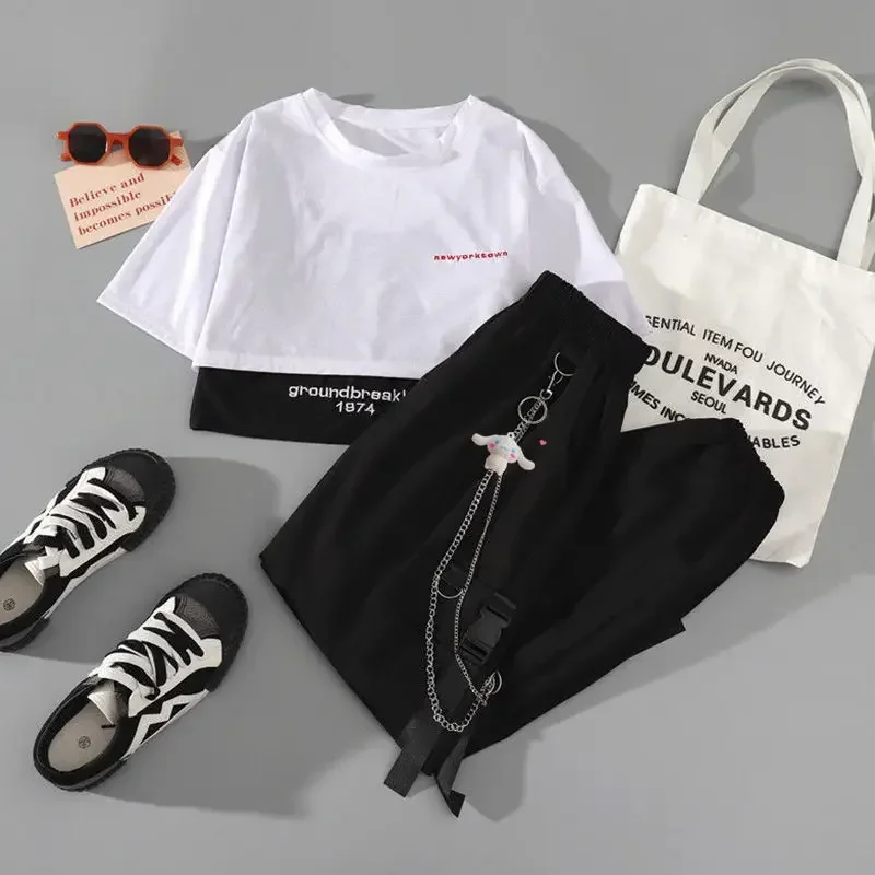 New Women Streetwear Harajuku Cargo Pants 2 Piece Sets with Chain, Trend Cropped Cropped T-shirt Suit and Ribbon Chain Pants