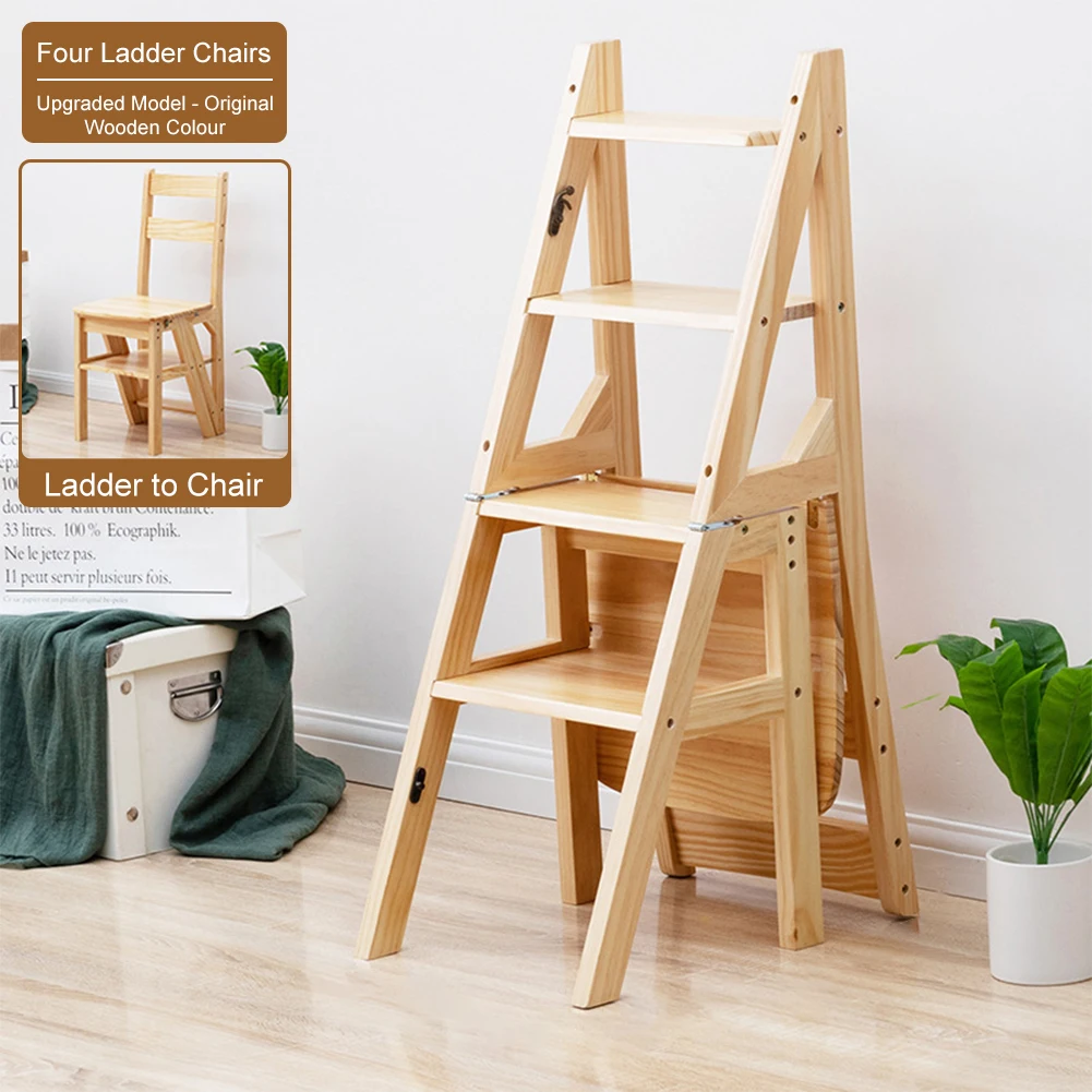 

4 Tier Convertible Wood Ladder Multi-Function Folding Step Stool Anti-Slip Climbing Ladder Chair for Indoor Living Room Bedroom