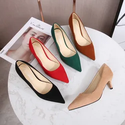 2023 Lady Pointed Toe Kitten Heels Women 5cm High Heels Scarpin Valentine Low Heels Pumps Female Green Flock Plus Size Red Shoes