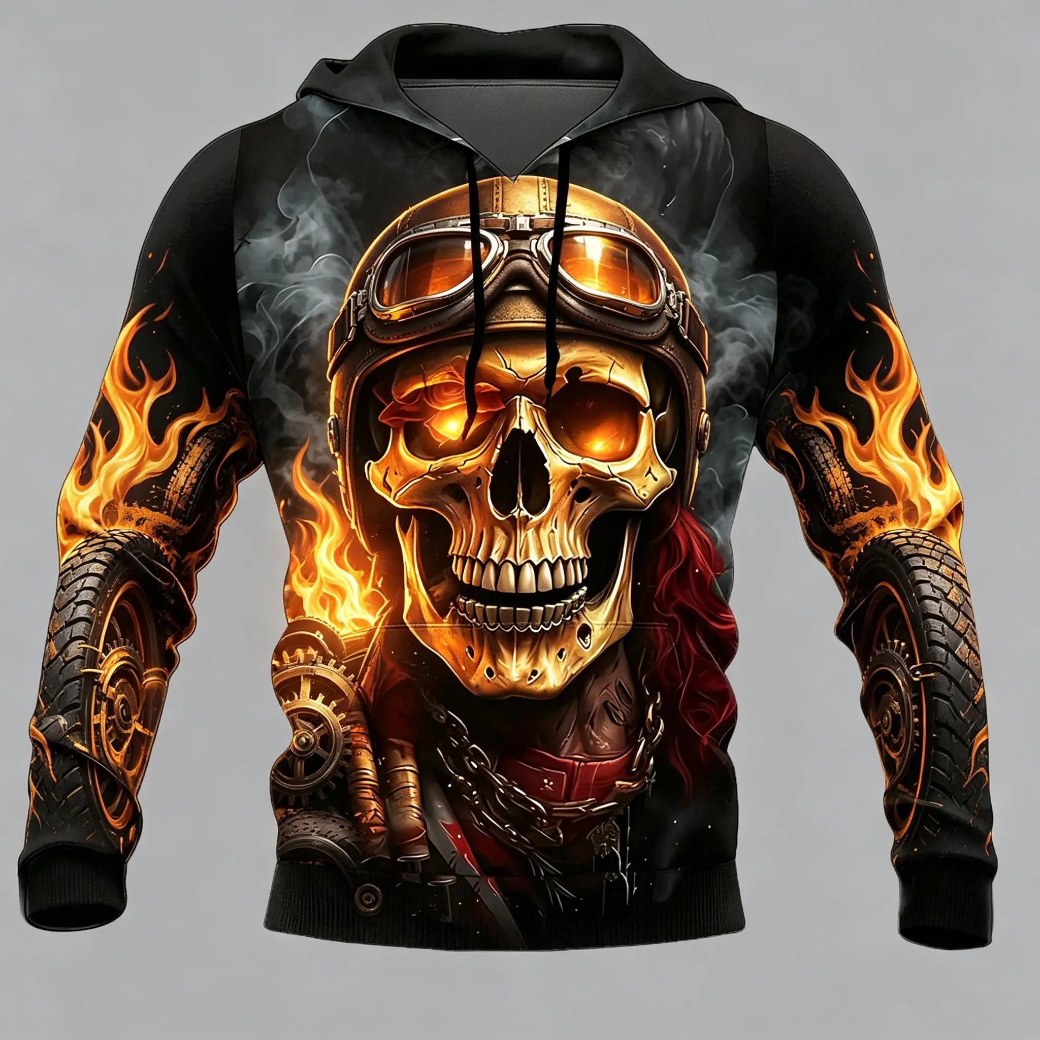 Men's Biker Skull Fire Gear Full Print Hoodie Halloween Gothic Long Sleeve Hooded Sweatshirt For Cosplay Party