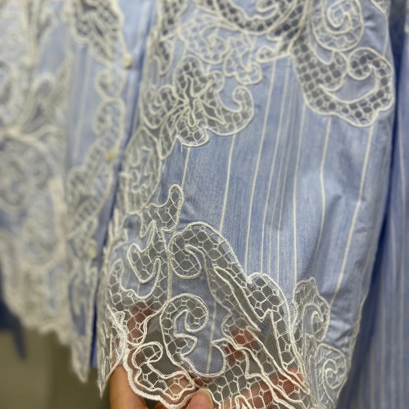 High Quality 2023 Spring Summer Casual See Through Embroidery Blue Striped Long Sleeve Short and Blouse Shirts Tops