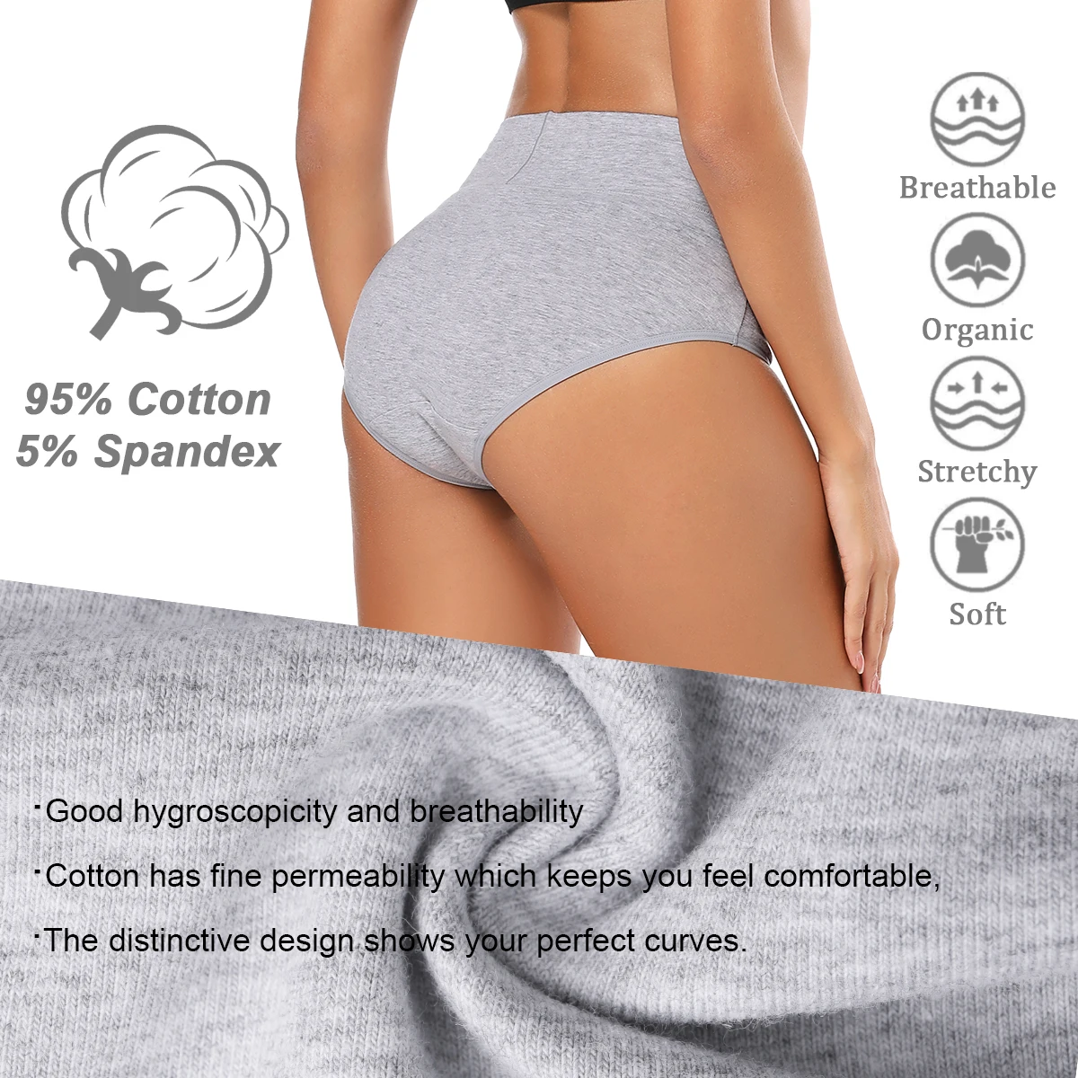 Molasus 5pcs Women\'s Breathable Cotton Panties High Cut Belly Control Briefs Ladies C Section Recovery Underwear Gray Plus Size