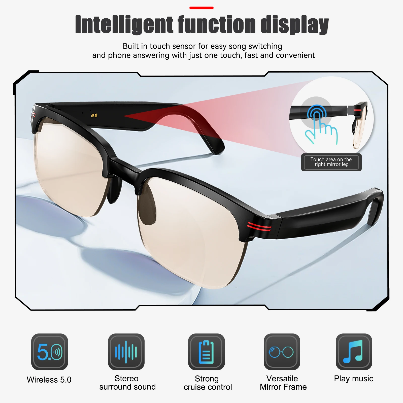 EIGIIS New Smart Glasses Wireless Call Music Playback Half Frame Sunglasses With Blue Light UV Protection IP67 Waterproof GS200