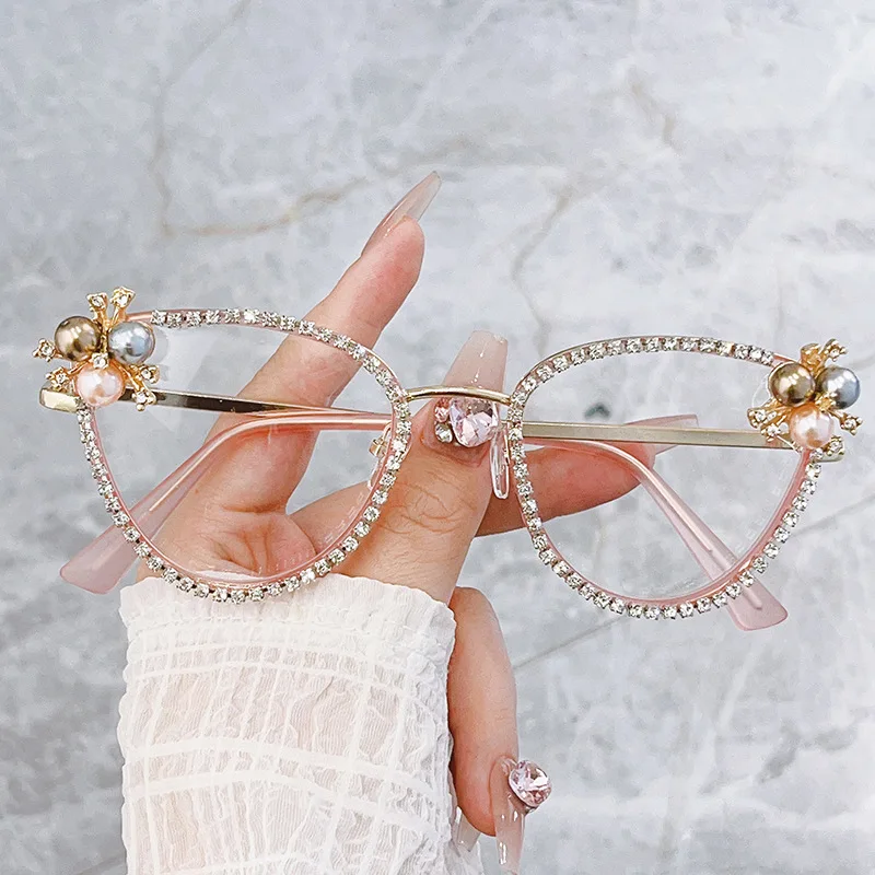 Flash Luxury Glasses Frame Women Pearl Diamond Cat Eye Anti Blue Light Glasses For Party Fashion Blogger Photography Eyeglasses