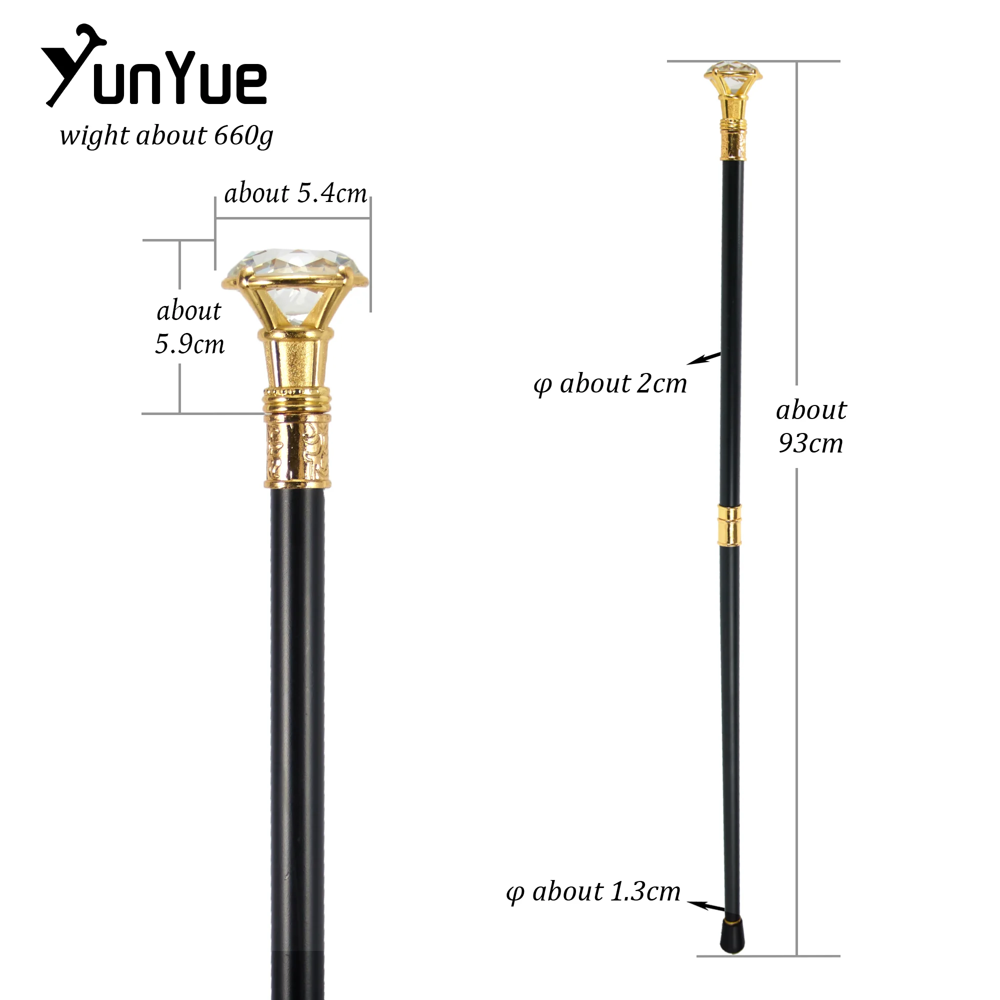 Golden Diamond Type Fashion Decorative Walking Stick Gentleman Elegant Vintage Walking Stick Women Party Cosplay Cane 93cm