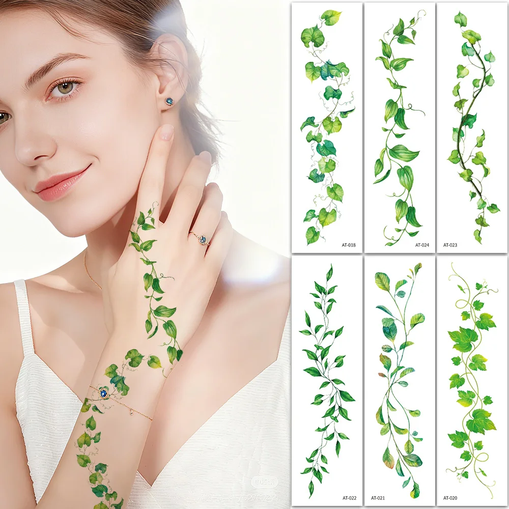 

6 листов временных татуировок с зелеными листьями и виноградной лозой | Китайский бамбуковый стиль | Водостойкие татуировки для женщин: на каждый день, для вечеринок, праздников, на руку, грудь