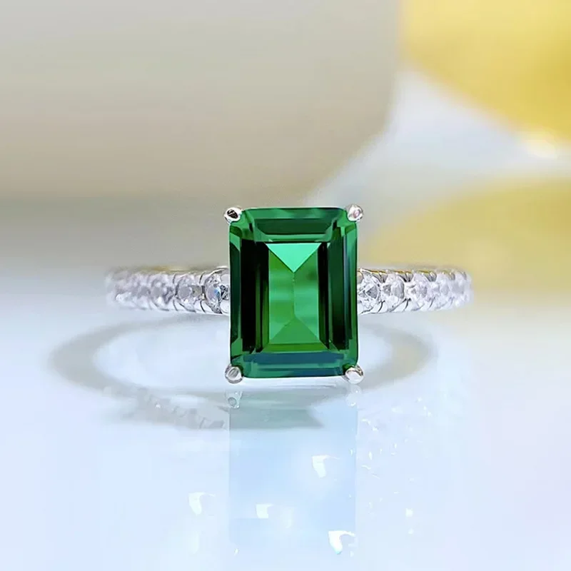 SpringQiaoer Luxury 100% 925 Sterling Silver 6*8MM 1ct Emerald High Carbon Diamond Gemstone Finger Ring Party Fine Jewelry