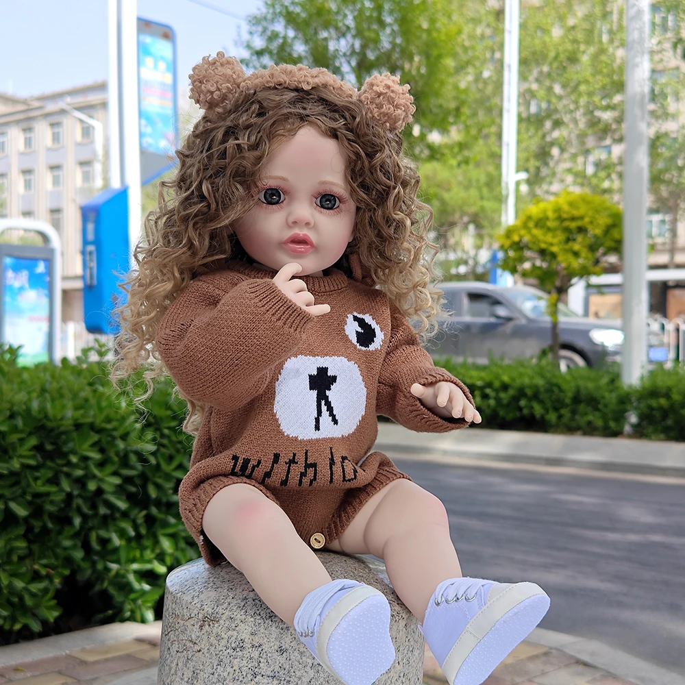 22Inch Lifelike Reborn Dolls Realistic Full Silicone Baby Bebe Vinyl 55CM Newborn Girl Doll Curly Hair Princess Toddler Toy Gift