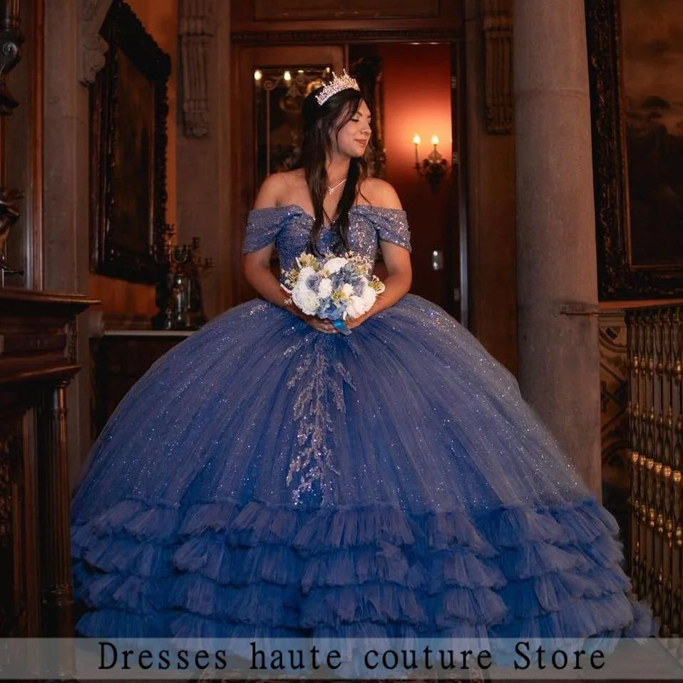 

Shiny Blue Tulle Quinceanera Dresses Ball Gowns 2025 Ruffles Sequin Appliques Sweet 16 Dress Customized Vestidos De 15 Anos