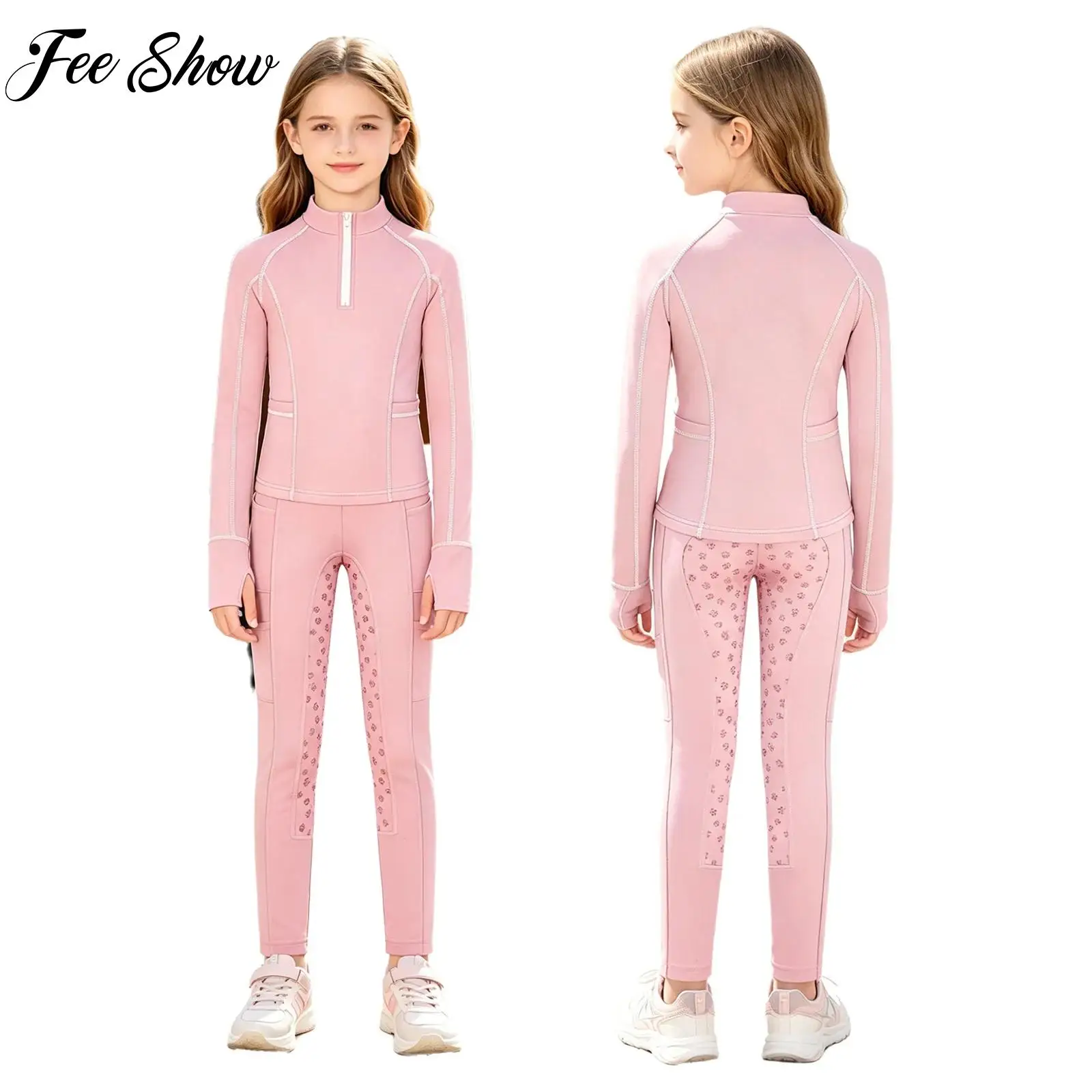 kids-girls-horse-riding-outfit-stand-collar-long-sleeve-zip-up-pullover-sweatshirt-with-anti-slip-full-seat-breeches-pants