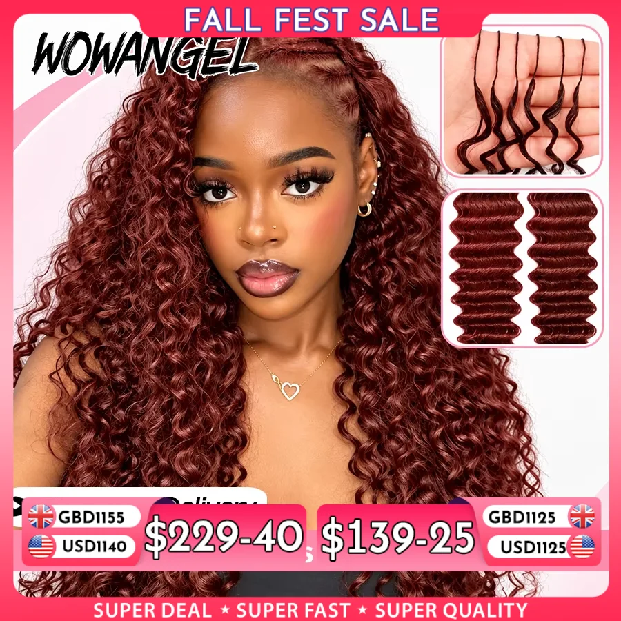 WOWANGEL Miracle Knots Crochet Human Hair Reddish Brown Deep Wave Pre-Separated Boho Braids Curly Feather Crochet Hair Extension