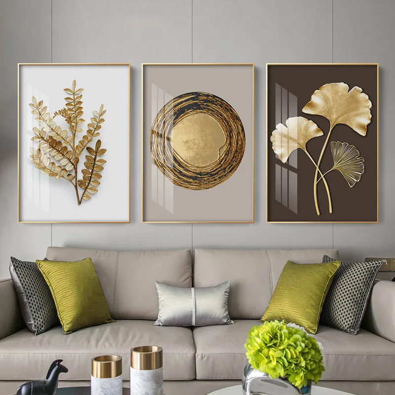 Modern Gold Flower Geometry Canvas Wall Art Poster, Abstract Golden Gingko, Painting for Bedroom, Living Room Decor, Aesthetic