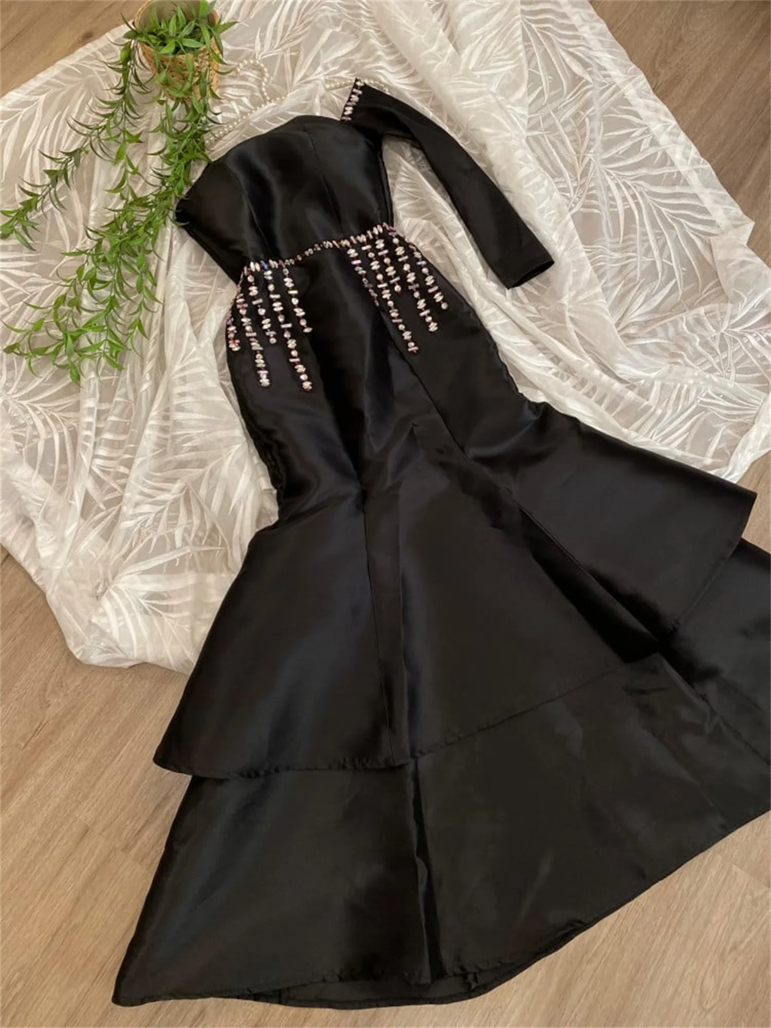 Lorrtta Black Satin Mermaid Strapless Beaded Sparkling Ball Gown Ankle Length Saudi Elegant Formal Evening Gown for Women