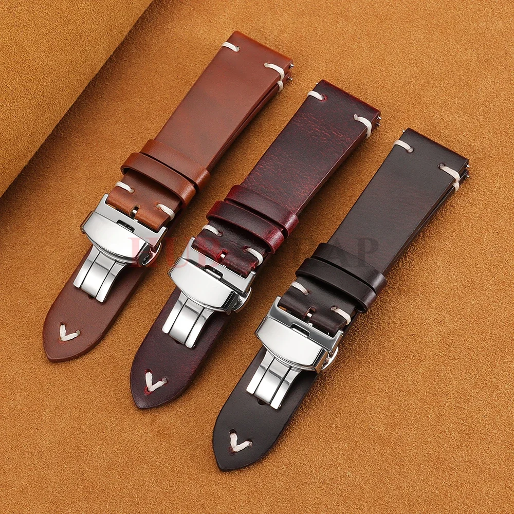 18mm 20mm 22mm Armband für Seiko Vintage Öl-Wachs-Leder Uhrenarmband Herren Damen Schmetterlingsverschluss Genähtes Rindslederband für Omega – Detail 9