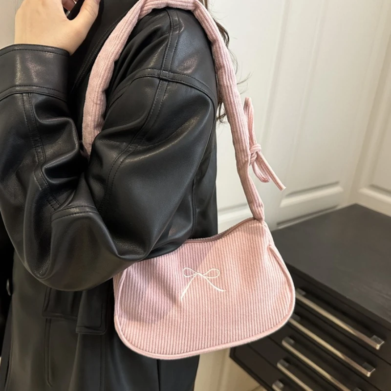 Corduroy Shoulder Bag with Bow, Ruched Drawstring Handbag, Vintage Y2K Purse for Women Daily Dating Travel Underarm Handbag view 2