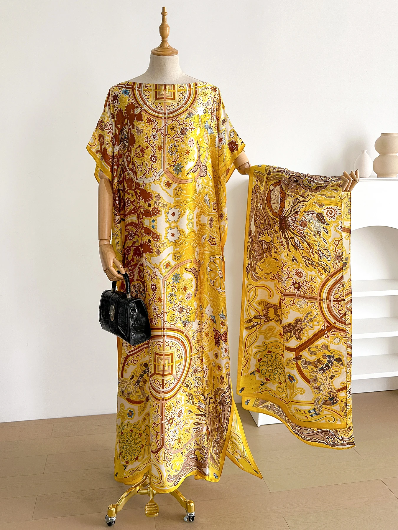 

New African For Women Summer Sun protection Short Sleeve Cotton Dress Gold Stamping Loose Lady Maxi Print Dress With Big Scarf