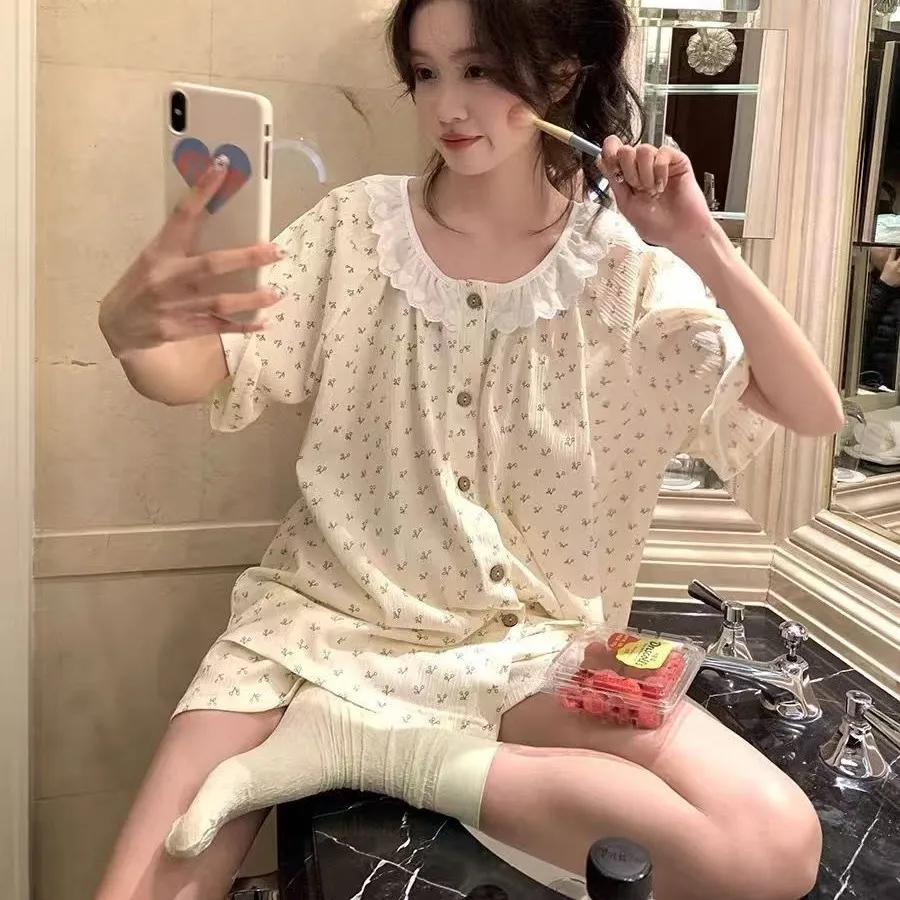 

2Pcswomen's Pajamasshort Sleeved Pajama Setsummer Pajamascomfortable and Soft Pajamashomewear Setsummer Lace Short Sleeved