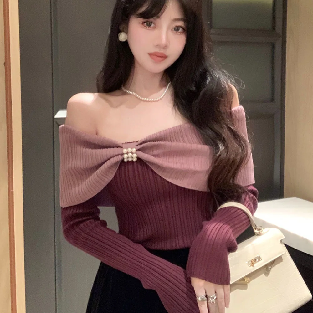 

Korean Sexy Off Shoulder Women's Sweater Long Sleeve Strapless Slim Knitwear Tops Winter Autumn Knitted Sweaters Pullovers Mujer