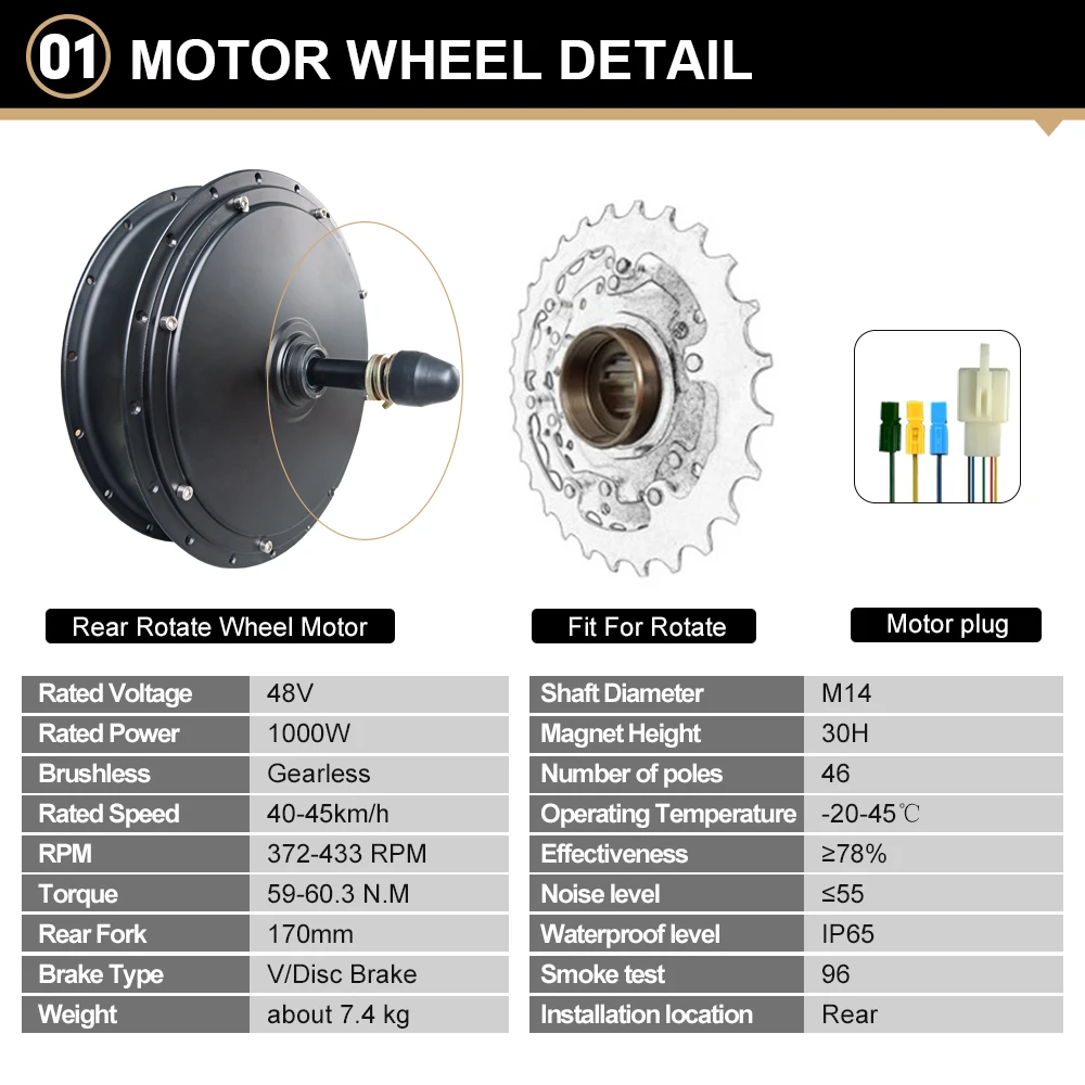 48V1000W Electric Bicycle Conversion Kit Dropout Rear 170mm/190mm,20”24”26 inch  4.0Tire  Rear Rotate Wheel Drive Hub Motor