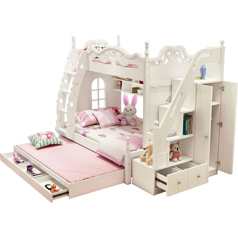 upper and lower bunk beds, two upper and lower bunk wooden beds, princess castle high and lower child and mother beds as a whole