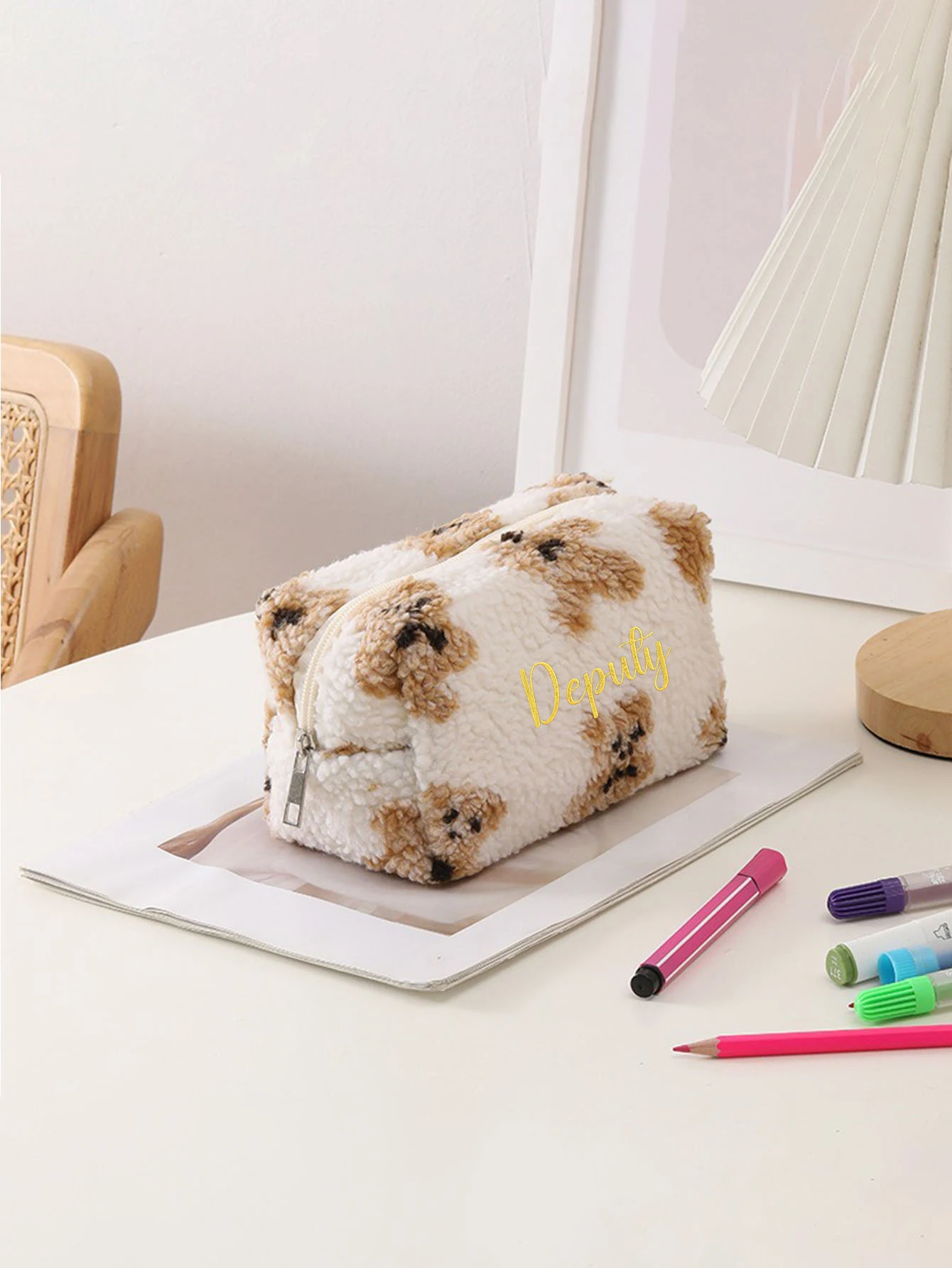 (Please private message customer service) Embroidery DIY text customization, teddy bear makeup bag