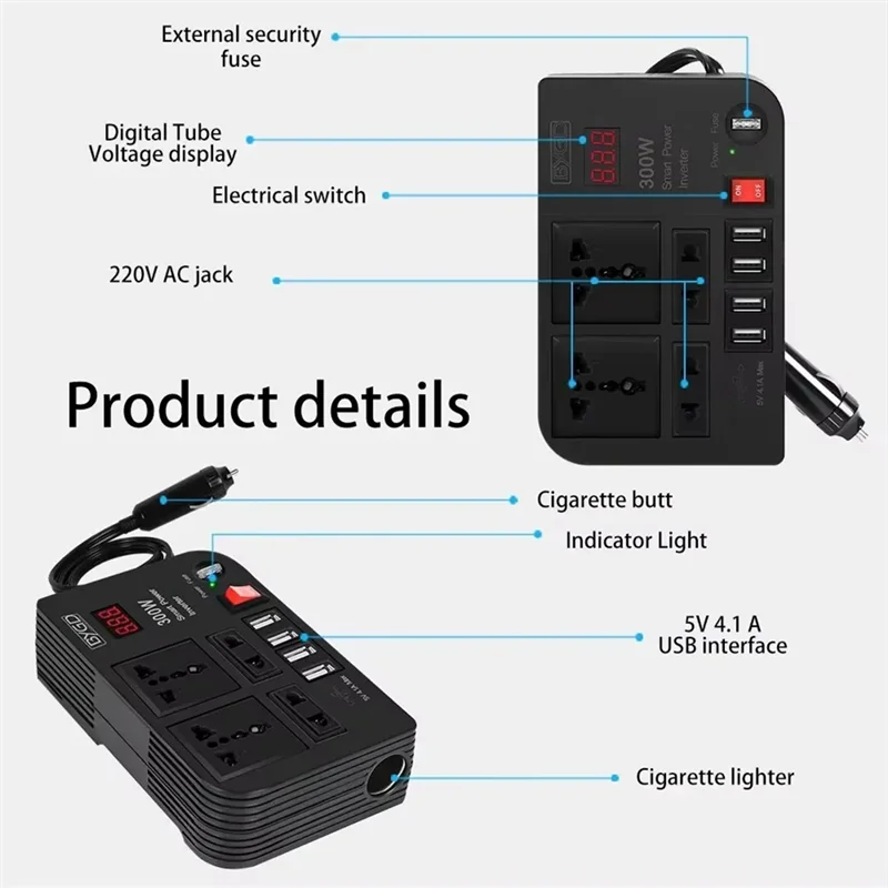 

Car Inverter 300W High-Power DC 12V To 220V Multi-Function Home Modified Sine Waveautomotive Power Converter Inverter
