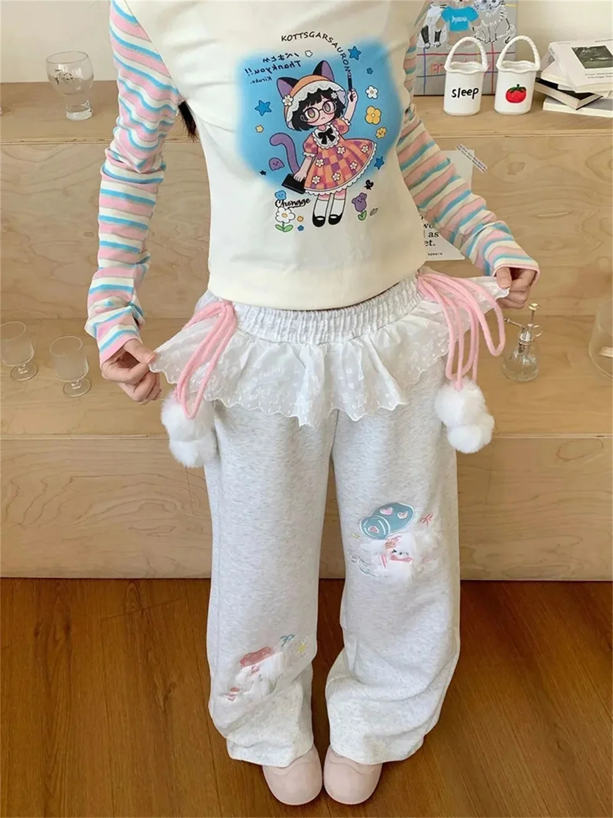 Cute Cartoon Wide Leg Pant Women Lace Patchwork High Waist Sweet Trousers Vintage Japan Preppy Style Fall Winter Kawaii Pants
