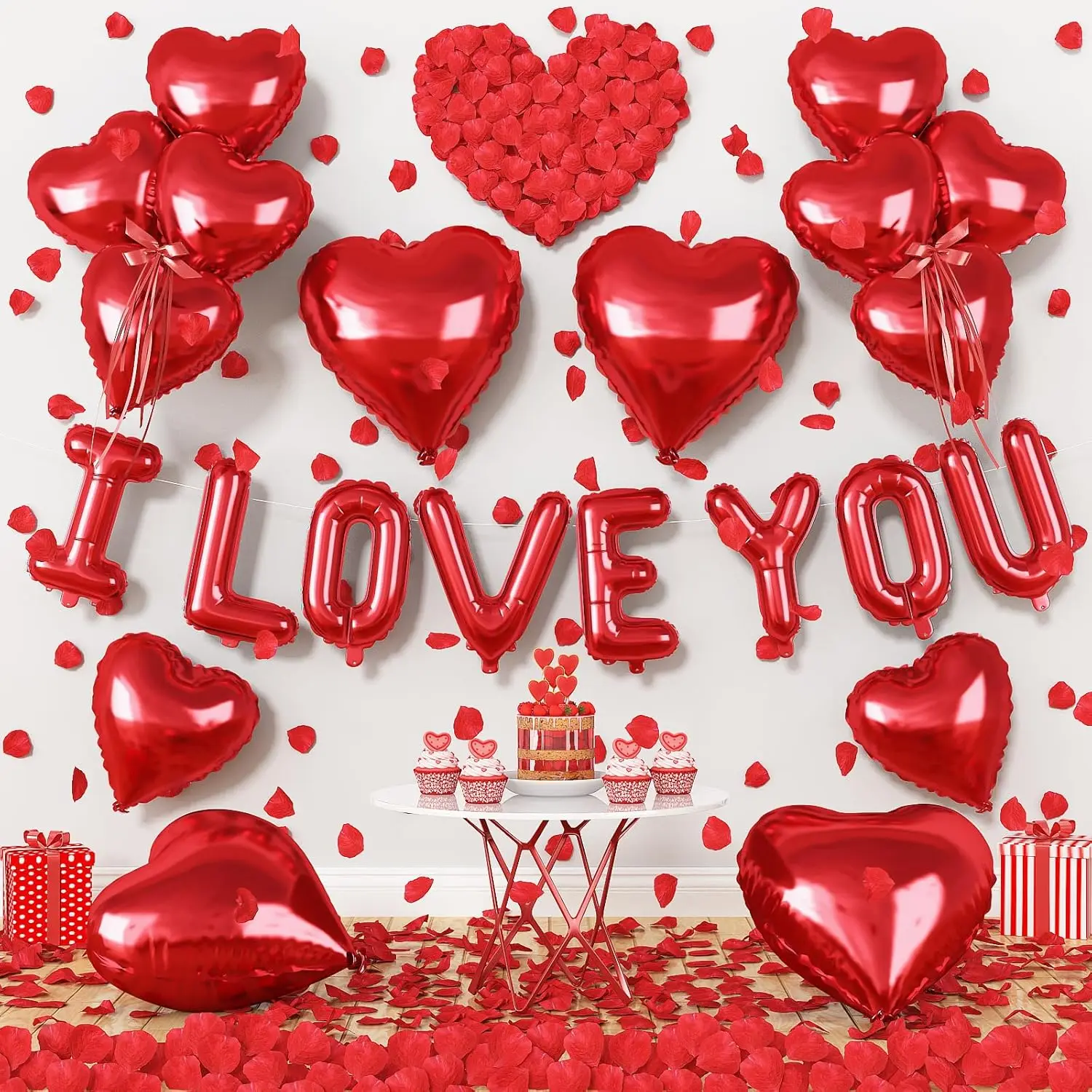 Folienballon „I Love You/Red Heart Love“, 1000 Stück Rosenblätter für Hochzeit, Jahrestag, Valentinstag, romantische besondere Nachtparty – Detail 11