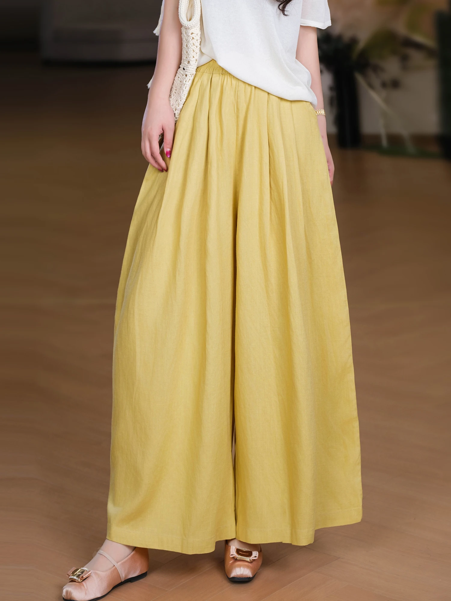 

Casual Wide Leg Pants Pleated Linen Big Foot Overlocked Loose Fit Ladies Daily Wear Small Ear Brand Natural Waist