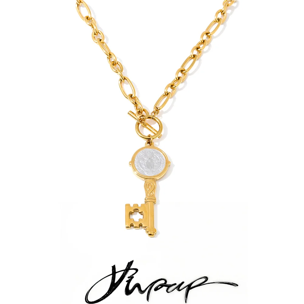 Yhpup Stylish Unique Stainless Steel Double-Sided Lock Pendant Necklace 18K PVD Plated Personalize Jewelry Accessories