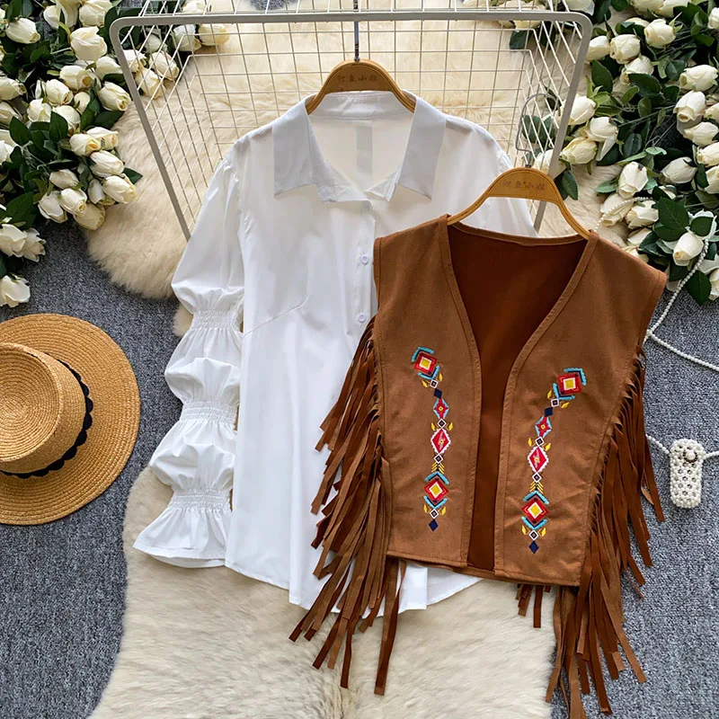 Tassel Embroidered Vest Two-piece Set Women Spring Autumn Loose Long Sleeved White Shirt Vest Ethnic Style Set C639
