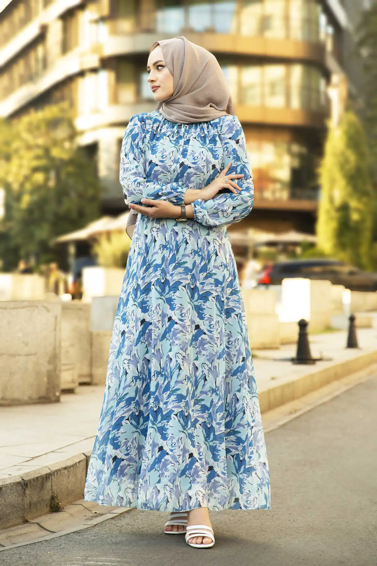 Variegated Chiffon Dress Blue Winter Autumn 2021 Muslim Women Hijab headscarf Islamic Turkey