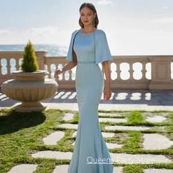 Light Blue Mermaid Mother of The Bride Dress with Cape Customized Pearls Beading Satin Evening Gown Wedding Guest Dresses