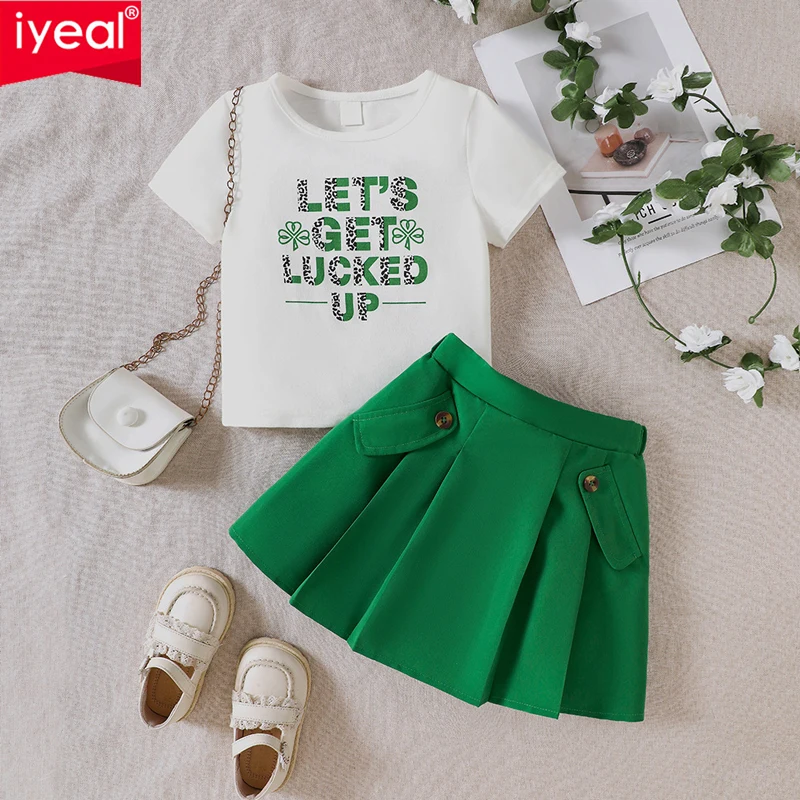 

IYEAL New Spring And Summer Collection Kids Girls Letter Printed t-Shirt+Pleated Skirt Set Baby Girls' Summer Fashion Set