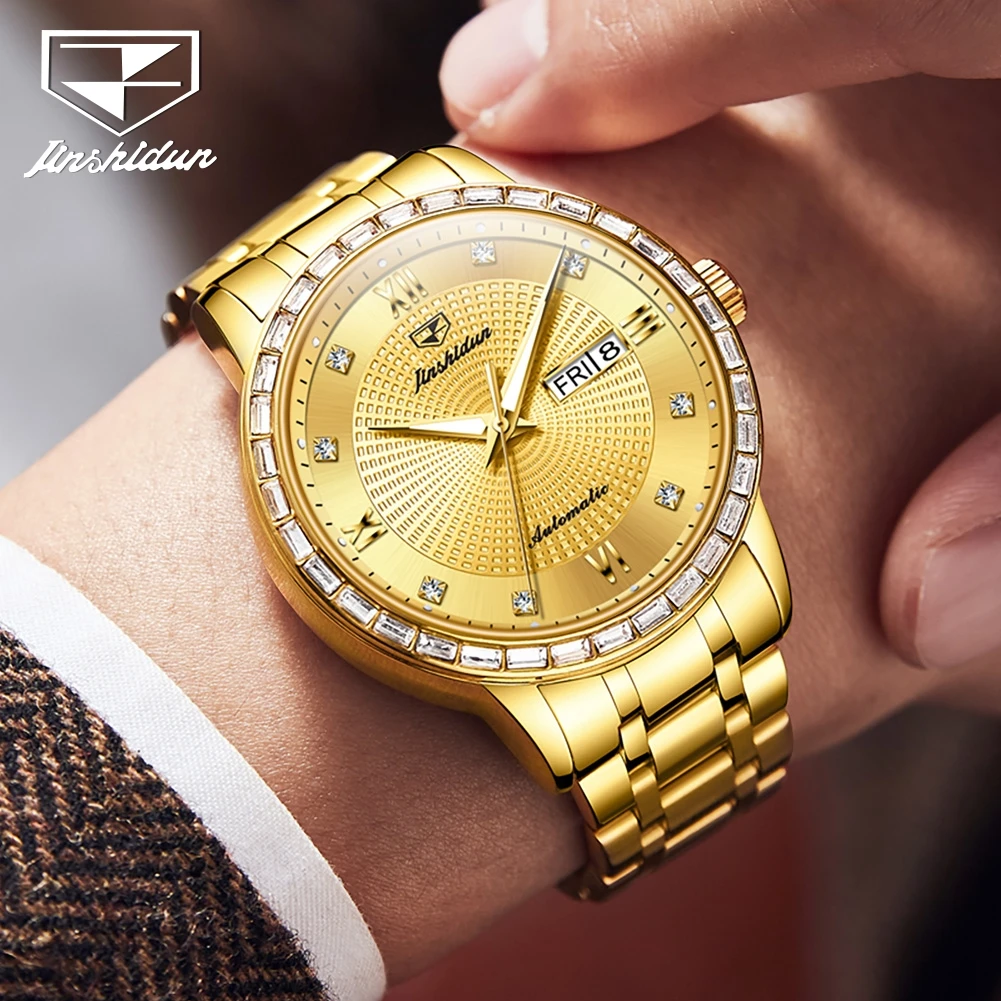 Мужские часы JSDUN 8959, модные трендовые часы с двойным календарем и римскими шкалами, алмазные часы, роскошные брендовые автоматические механические мужские часы