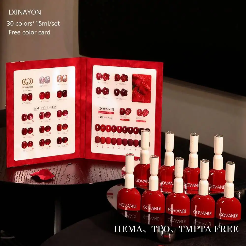 

30pcs Red Crystal Cat Eye Gel Nails Polish With Free Color Card Magnetic Gel Soak Off UV Nail Gel Polish For Nail Salon Manicure