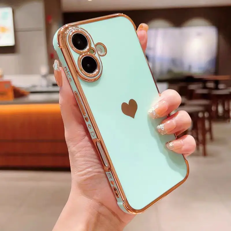

Plating Silicone Soft Case For iPhone 16 15 14 13 12 11 Pro Max XS X XR 8 7 Plus 16Pro 15Pro For iPhone15 Love Heart Cover